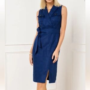 NWT Talbots Baird Mcnutt Navy Sleeveless Dress Linen Blue NO BELT